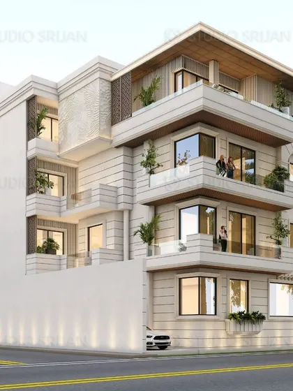 A corner-view render of a classically influenced modern building in Kirti Nagar, New Delhi. The design incorporates traditional arches and detailing within a contemporary framework.