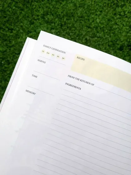 The simple, clean layout of our recipe pages. We've included prompts for family generation, serving size, time, and memory, helping you capture the full context of each recipe. It’s a framework for your family's culinary legacy.