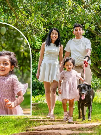 A collage showing a family walking with their daughter and dog through a beautiful orchard.