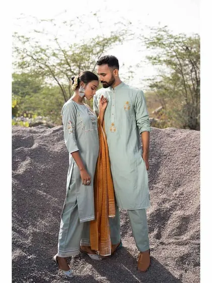 This image from a commercial catalogue shoot highlights my skill in creating complementary looks for both male and female models. The makeup is clean, fresh, and natural, ensuring the focus remains on the ethnic wear while making the models look their best.
