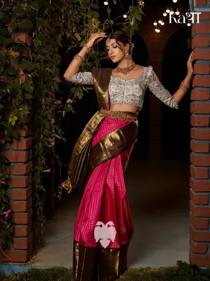 A full view of the Nemali Vanam blouse, showcasing its poetry in motion. The hand-embroidered florals and sequin vines create an ode to nature's grandeur.