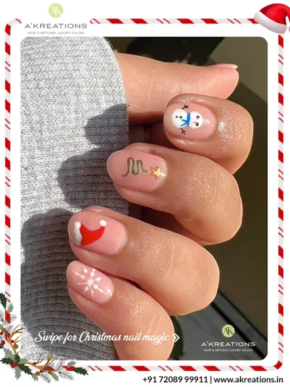 Whimsical and minimal Christmas nail art on a natural base, featuring a tiny snowman, Santa hat, snowflake, and a simple tree outline.