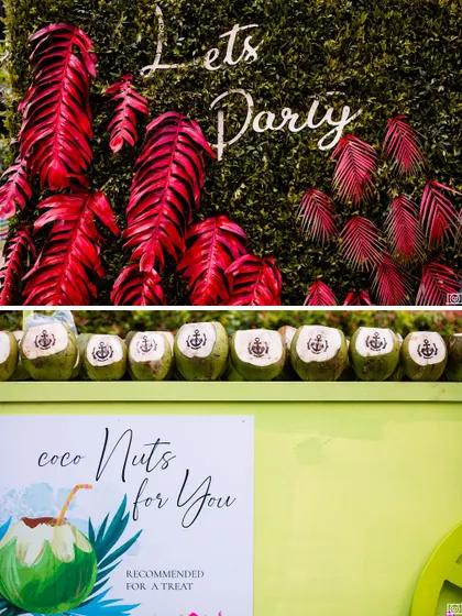 Fun details like a "Coco Nuts for You" coconut water station and a "Lets Party" sign made this tropical event extra special.