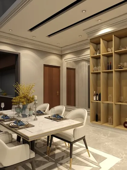 A 3D render of a spacious dining room with a large wooden shelving unit for wine and decor, set against a backdrop of marble flooring and elegant furniture.