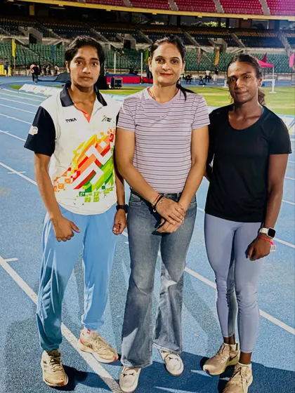 Posing with fellow competitors at the National Inter-State Senior Athletics Championships. This is where India's best athletes come to compete, and we are right there with them.