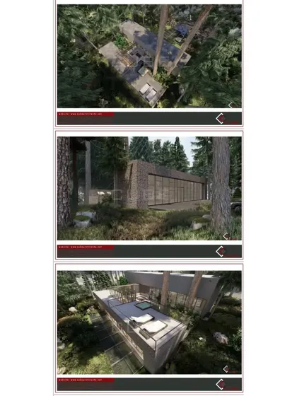 Aerial and eye-level renders of our sustainable villa concept, designed to conserve the existing flora and fauna.
