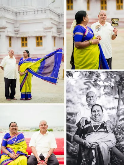 A collection of moments from a 50th-anniversary shoot, including playful poses and classic portraits that tell a story of a lifetime together.