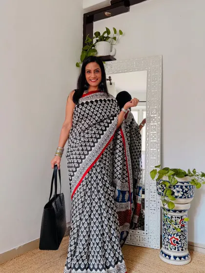 This black, red, and blue printed saree is another great workwear find from Amazon. The print is interesting without being too loud, and the fabric is easy to maintain.