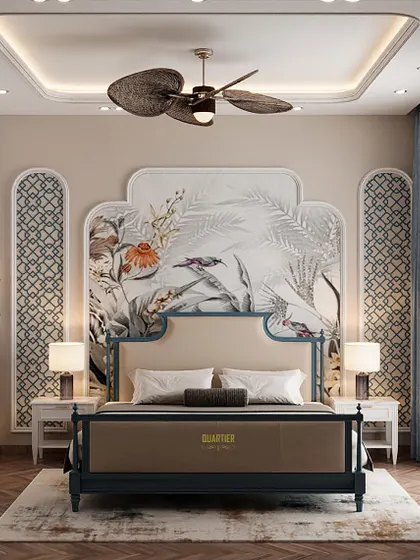 A master bedroom render with an Indochine theme. The design features a stunning wallpaper mural behind the bed, framed by custom-shaped paneling. The bed itself has a classic, elegant form.