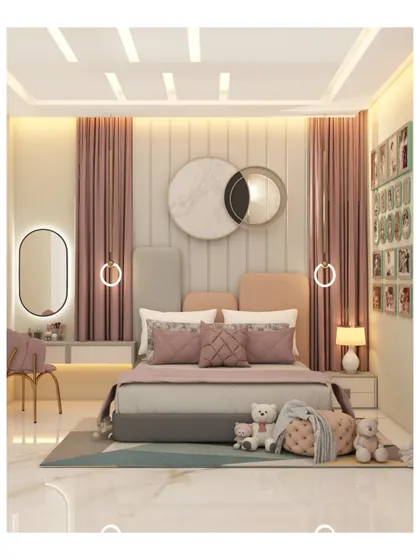 For this child's bedroom, we created a dreamy and playful atmosphere using a soft pastel color scheme and layered textures. The design includes a custom upholstered headboard, coordinated furnishings, and thoughtful details like circular wall mirrors and hanging pendant lights to foster creativity and comfort.