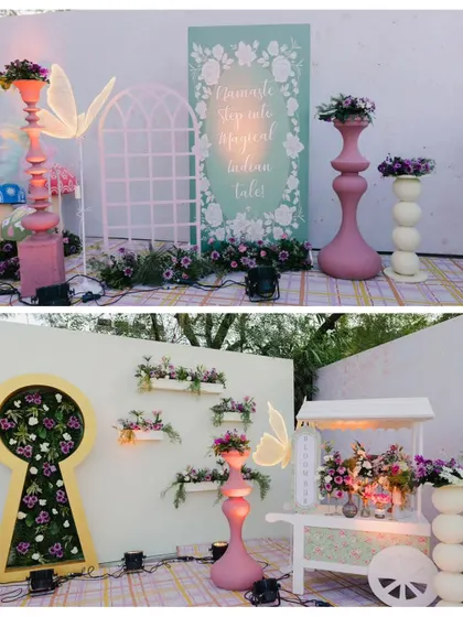 A collage of unique photo ops, including a keyhole filled with flowers and a whimsical flower cart, ensuring guests have plenty of spots for social media-worthy pictures.