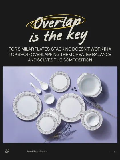 A top-down shot of a Borosil dinner set. For this angle, we overlapped the plates instead of stacking them to create a balanced and visually pleasing flat lay composition.