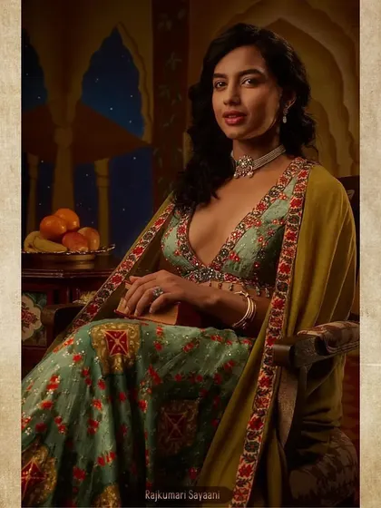 The character of Rajkumari Sayaani, styled in a floral lehenga with a plunging neckline and a simple choker. This look was designed to give her a slightly more modern and bold personality among the royals.