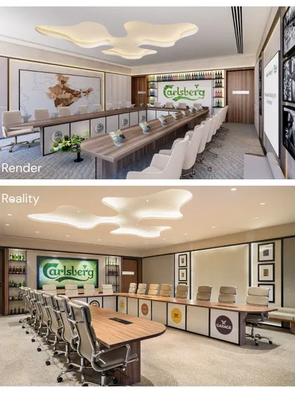 A render versus reality comparison of the Carlsberg boardroom. This side-by-side shows our ability to faithfully execute a complex design, from the custom ceiling to the branded table.