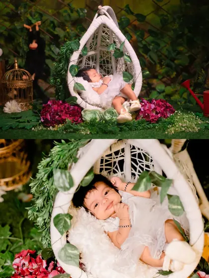 A collage displaying both a wide shot and a close-up of a newborn in a whimsical hanging garden swing.