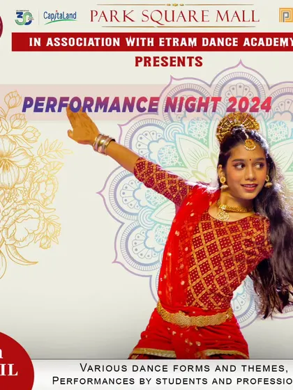 The official poster for our 'Performance Night 2024' at Park Square Mall. We partner with venues to bring dance to the public and provide a platform for our students.