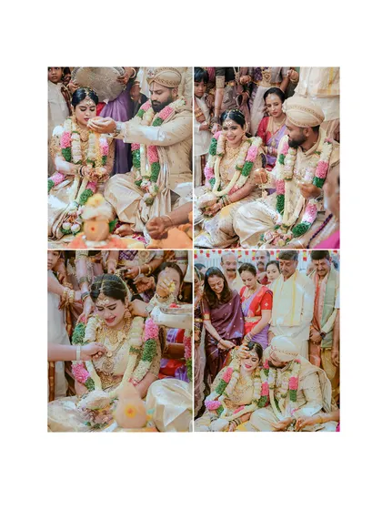 A collage of moments from the wedding ceremony, showing different angles of the bride and groom's custom outfits.
