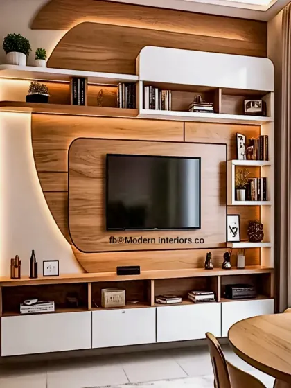 This entertainment wall combines curved wooden panels with sleek white cabinetry. The design includes open shelving for decor and books, creating a dynamic and modern focal point for the living room.
