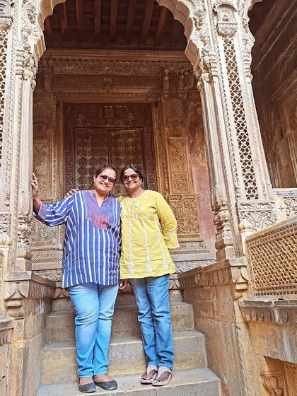 With my aunt in front of an intricately carved haveli in Jaisalmer. Traveling with family and sharing these discoveries is a joy.