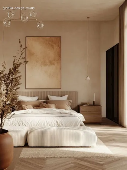This bedroom is a masterclass in creating a serene, wabi-sabi inspired space. The design relies on a palette of warm, earthy tones, natural materials like wood and linen, and soft, ambient lighting. The herringbone wood floor adds a classic pattern and warmth underfoot.