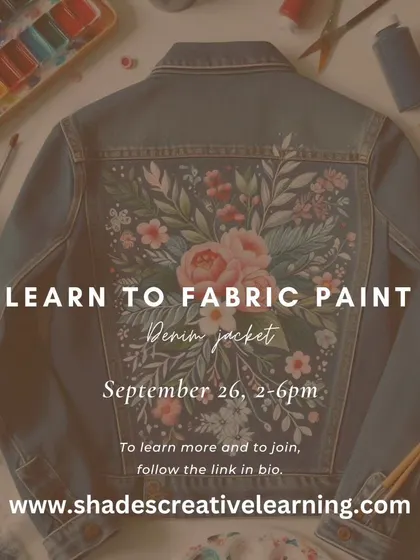 A poster for our popular denim jacket fabric painting workshop, a fun and creative session for all skill levels.