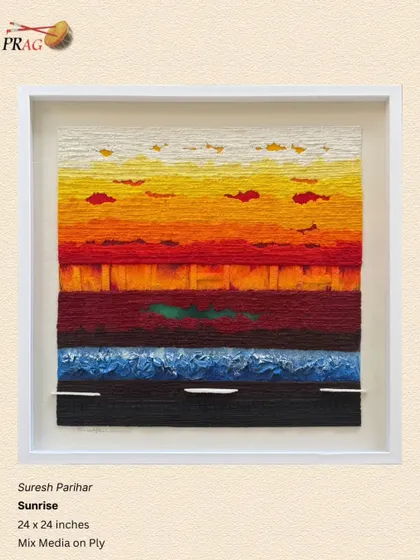 "Sunrise" by Suresh Parihar is a mixed-media work with physical threads. We used a white box frame to create depth and protect the delicate, three-dimensional elements of the artwork.