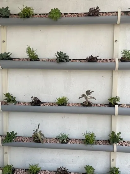 A custom-made vertical planter using PVC pipes, perfect for growing succulents and other small plants. This is a modern, space-saving, and water-efficient gardening solution.