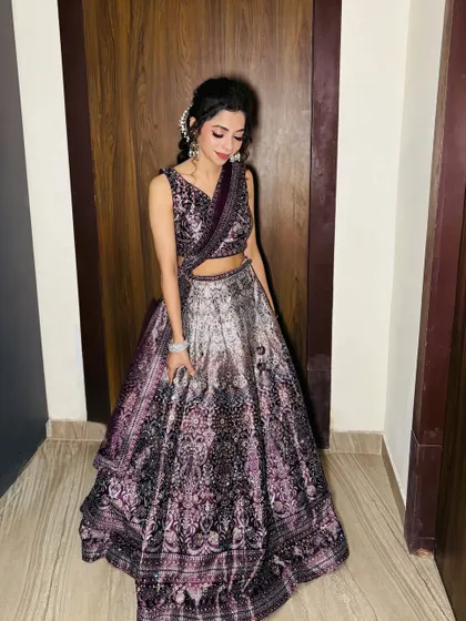 A full-length shot capturing the elegance of the outfit and the complementary makeup.