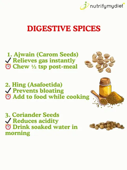 These digestive spices are kitchen staples for a reason. Ajwain (carom seeds) for gas relief, Hing (asafoetida) to prevent bloating, and coriander seeds to reduce acidity are simple yet powerful aids.