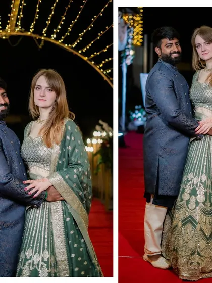 A collage of a cross-cultural couple's reception portraits.
