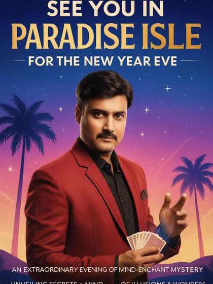 A vibrant poster for a special New Year's Eve show at the Paradise Isle beach resort. I often perform at exclusive holiday events to provide a unique and magical experience.