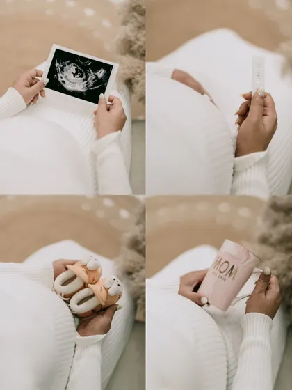 A collage showcasing the details of this new beginning: the sonogram, the positive test, tiny baby shoes, and a "Mom" mug. It's a beautiful summary of the journey to motherhood.