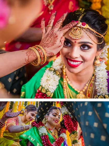 A collage of a South Indian bride during her wedding ceremony, highlighting the beautiful rituals and her stunning green and purple saree.