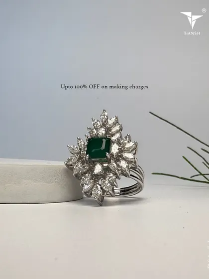 This Dhanteras, let your blessings shine a little brighter with this stunning emerald and diamond floral ring. Enjoy up to 100% off on making charges.