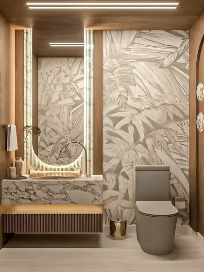 A duplicate of image 1, this powder room design highlights our use of premium materials like wood and marble, combined with statement wallpaper and lighting.