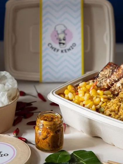 My Indonesian Nasi Goreng bowl, packed and ready to go. It comes with a side of crispy crackers and our house-made chili condiment.