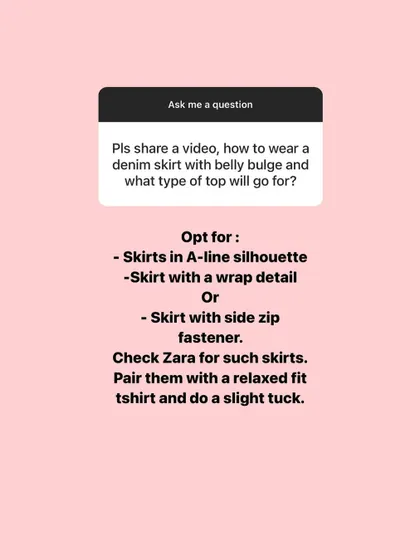 A user asked how to wear a denim skirt with a belly bulge. My advice: opt for A-line or wrap styles and pair them with a relaxed fit t-shirt with a slight tuck.