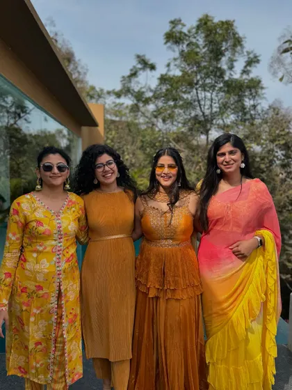 A happy moment with the bride squad at a Haldi ceremony. These are the memories that make weddings so special, and a group dance is the perfect way to create more of them.