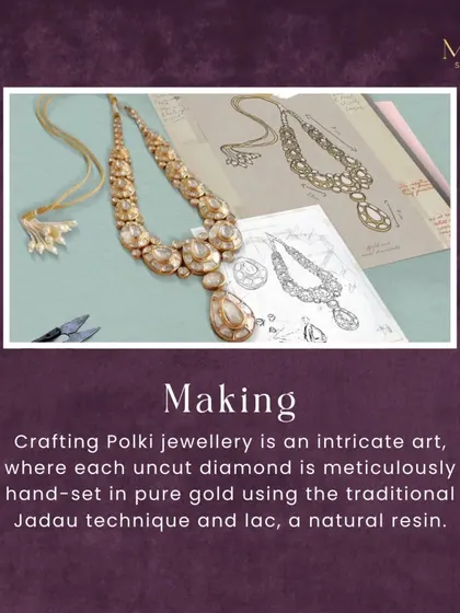 Crafting Polki jewellery is an intricate art. Each uncut diamond is meticulously hand-set in pure gold using the traditional Jadau technique, which involves a natural resin called lac. This is how we create pieces that last for generations.