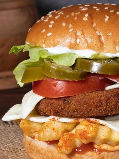 A tight close-up of a burger I styled. Getting every layer to look perfect, from the lettuce to the patty and the sauce, is a meticulous process that makes all the difference in the final image.