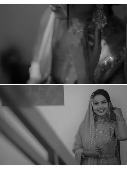 A duplicate of a black and white collage showing the bride getting ready, capturing the quiet, anticipatory moments before the ceremony.