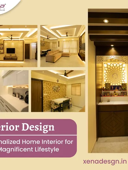 A collage showcasing our personalized interior design services, from living rooms and kitchens to beautiful pooja units, all designed for a magnificent lifestyle.
