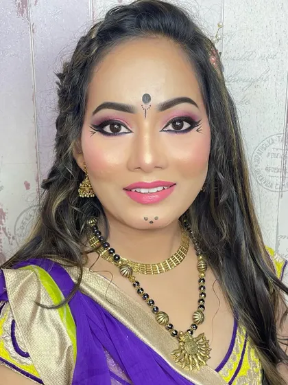 The full Garba look. This makeup is designed to be vibrant, beautiful, and long-lasting, so you can dance the night away without a worry.
