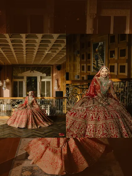A collage capturing the bride in her full glory, showcasing the grandeur of her lehenga and the majestic setting.