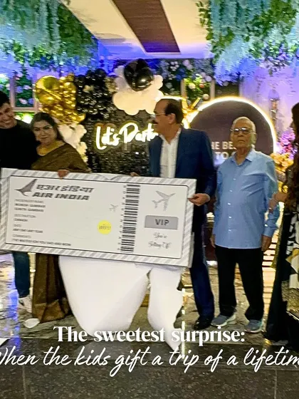 The sweetest surprise: when the kids gift a trip of a lifetime. We created this oversized custom flight ticket to help reveal the big surprise at the retirement party.
