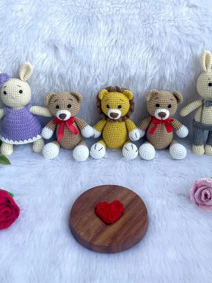 A family of my best-selling plushies, all in stock and ready for a new home. This includes my cute bunnies, teddy bears, and a little lion.