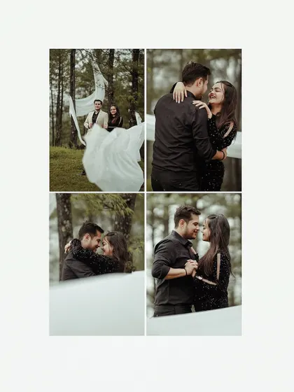 A four-panel grid showing different angles of the couple's embrace in the woods. The flowing white fabric adds a sense of drama and movement.