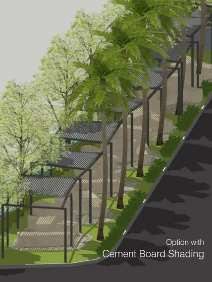 Another iteration for the same pathway, this time exploring an option with cement board shading. This process of comparing different materials and forms is crucial to our design development.