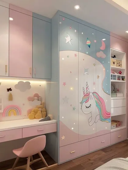 A beautiful and practical kids' room with a unicorn-themed wardrobe and study unit. The design uses a mix of pink, blue, and white for a playful yet clean look.