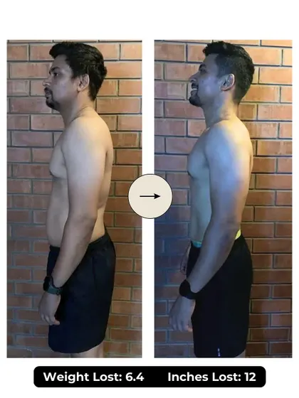 Govardhan lost 6.4 kgs and 12 inches in 6 weeks. Our program was an eye-opener for him, showing how balanced nutrition and a structured workout plan can make a huge difference.